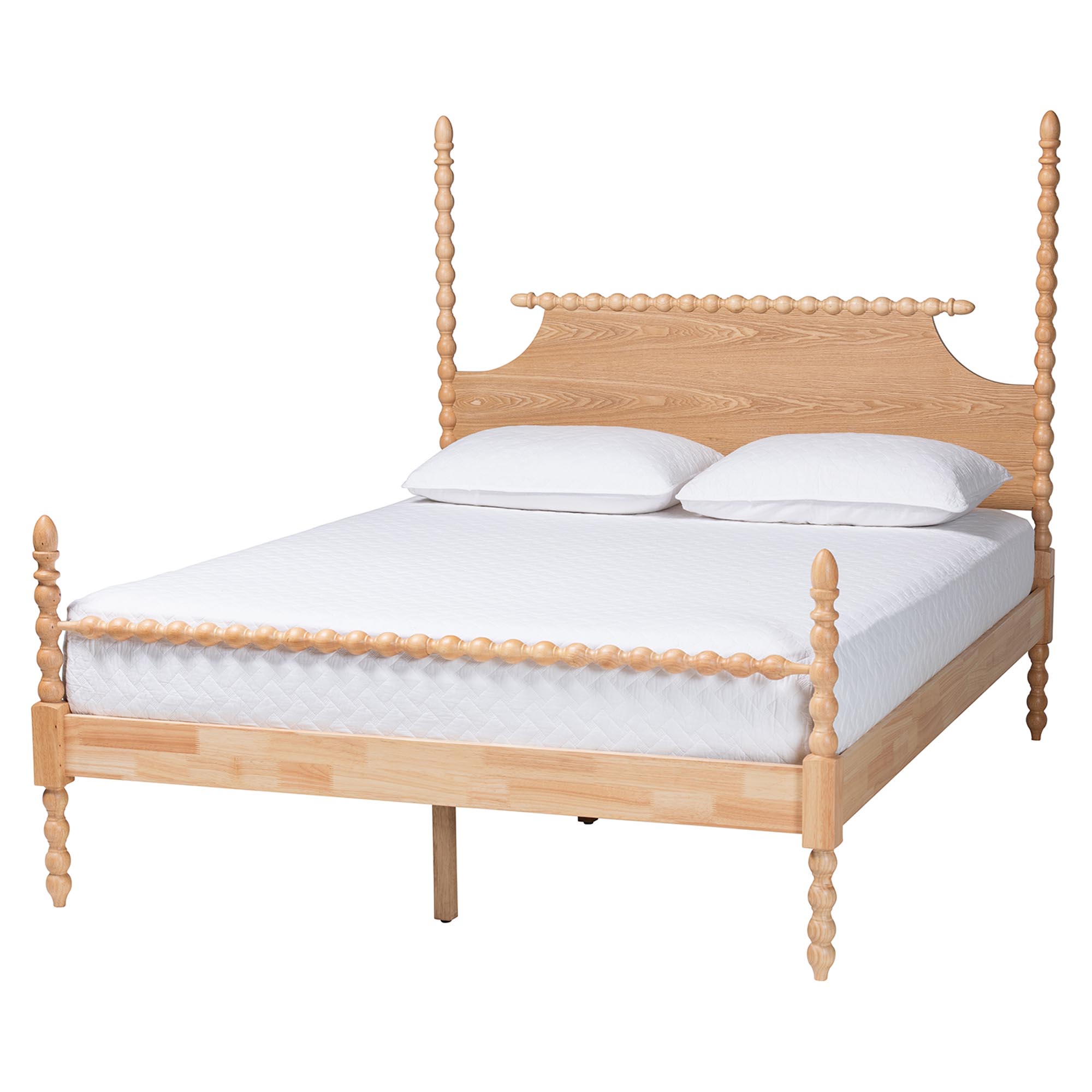 Baxton Studio Caliana Bobbin Four-Poster Platform Bed - Wooden Bed Frame with Turned Spindle Posts and Panel Headboard, Vintage-Inspired Bedroom Furniture, Natural Brown, King Affordable modern furniture in Chicago, classic bedroom furniture, modern king size, cheap king size